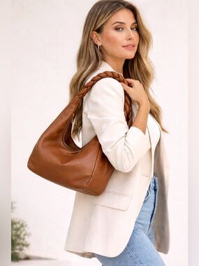 Shiraleah Tan Braided Handle Hobo Bag